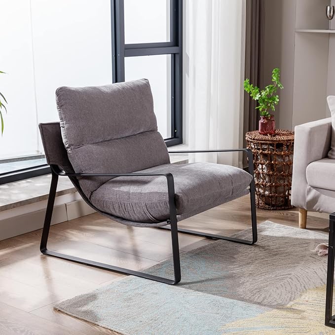 HEAH-YO Modern Accent Chairs Set of 2, Linen Fabric Living Room Chairs with Removable Cushion and Solid Metal Frame, Comfy Reading Chairs for Bedroom, Grey