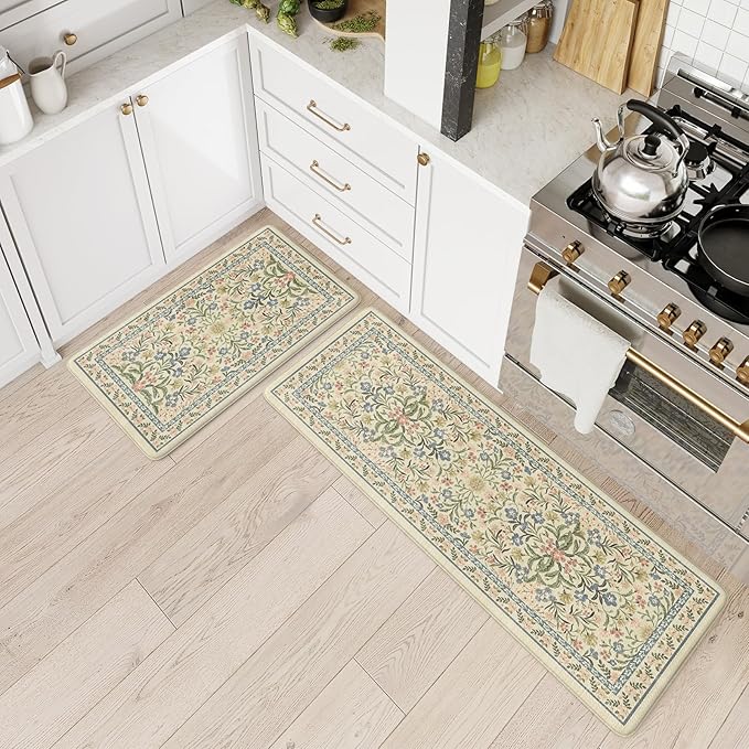 Collive Anti Fatigue Mat for Kitchen Floor, Spring Floral Kitchen Mats for Floor Set of 2, Beige Cushioned Waterproof Sink Rugs Non Slip Comfort Standing Rug for Office, Laundry, Desk