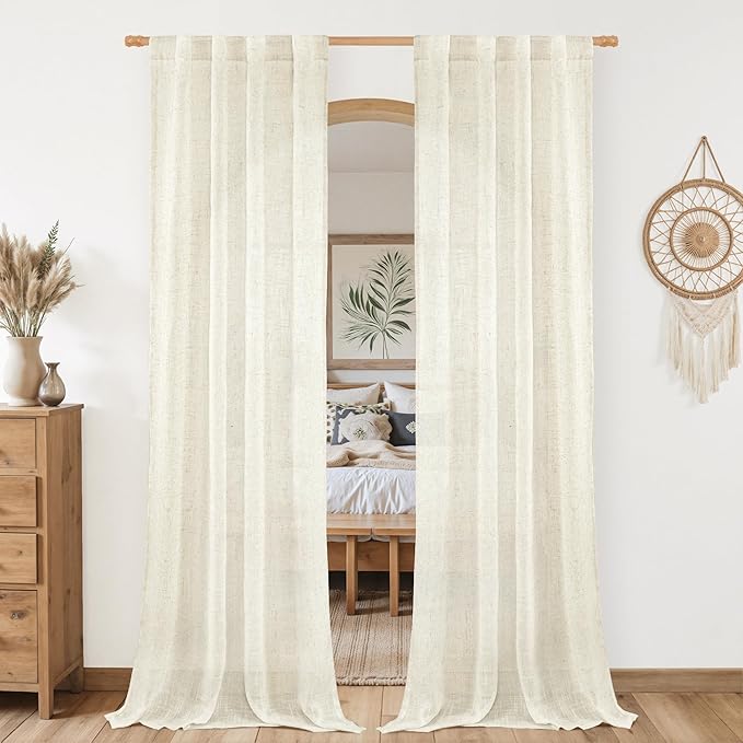 LAMIT Natural Linen Boho Curtains 80 inch Length 2 Panels, Cream Ivory Light Filtering Semi Sheer Panels Back Tab and Rod Pocket Neutral Drapes for Bedroom/Living Room, 34 x 80 Inch