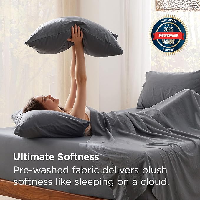 Bedsure Deep Pocket Queen Sheets - 6 Piece, Prewashed Ultra-Soft Queen Sheet Set, Fits Mattresses Up to 18 Inches Thick, Breathable & Secure Fit, Hotel Luxury Bedding, Grey