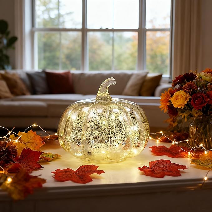 Fall Decor-Fall Decorations for Home Mercury Glass Pumpkin Light with Timer,Battery Operated Led Pumpkin Light,Ideal for Halloween Decoration, Thanksgiving Rustic Decor, Xmas Décor (Silver2)