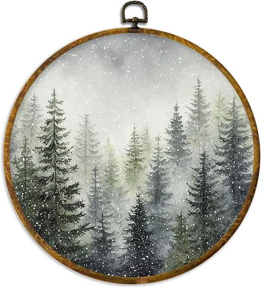 XPH Rustic Christmas Forest Tree Round Wall Art Framed, Farmhouse Winter Pine Tree Landscape Circle Wall Decor, Cozy Winter Hanging Canvas Prints for Home Bedroom Living Room Decoration, 10x10 Inch