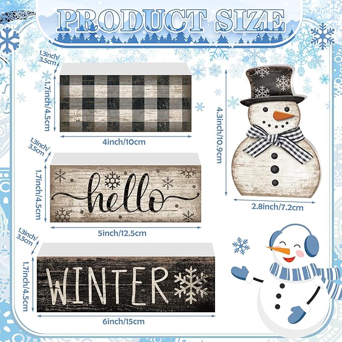 4 Pcs Snowman Christmas Decor Winter Table Decorations Christmas Tiered Tray Decor Winter Centerpiece Decorations Indoor Rustic Wooden Snowman Block Sign Gift Farmhouse for Home Kitchen Shelf