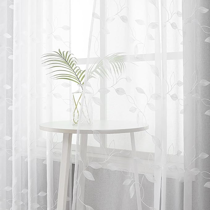 Tollpiz White Leaf Sheer Curtain Leaves Embroidered Bedroom Curtains Rod Pocket Voile Window Treatment for Living Room, 54 x 95 inches Long, Set of 2 Panels
