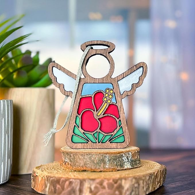 Hibiscus Flowers Decoration - Tropical Beach Ornaments - Angel Ornaments for Christmas Tree - Red Flower Wall Decoration - Hanging - 3.5" (H)