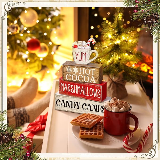 4 Pcs Wooden Christmas Tabletop Decor Hot Cocoa Tiered Tray Decor Rustic Wood Hot Cocoa Block Sign Gift Merry Christmas Centerpiece Farmhouse Winter Table Decoration