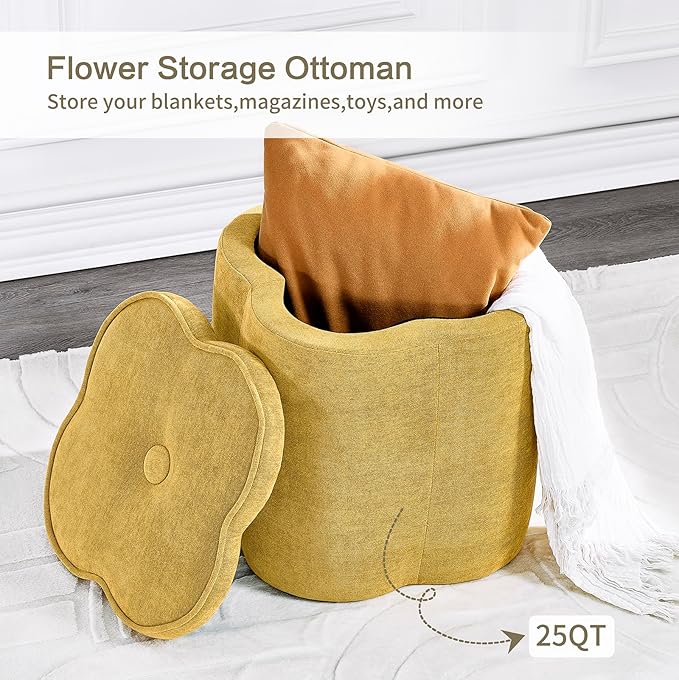 Crestview Collection 18" Flower Foot Rest Ottoman with Storage,Chenille Fabric Pouf Ottoman for Home Decor, Vanity Stool, Extra Seating for Living Room, Bedroom, Entryway, Spice Yellow