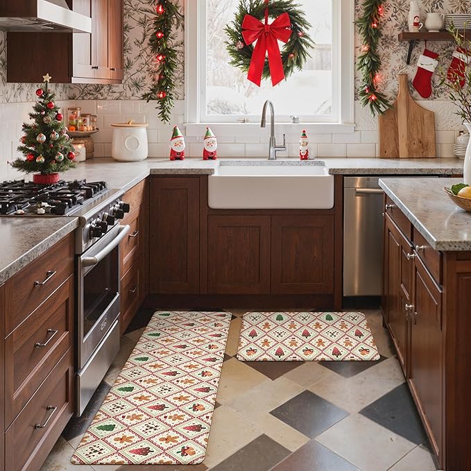 GENIMO Christmas Decorations - Kitchen Mats for Floor, 2PCS Christmas Kitchen Rugs, Cushioned Anti Fatigue Mat for Home Decor, Waterproof Non Slip Standing Mat for Laundry, 17.3"x59"+17.3"x30", Red