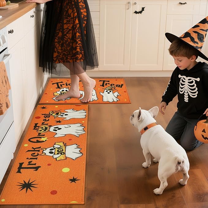 JSEI Halloween Holiday Kitchen Mats for Floor, Non-Slip Ghost and Pumpkins Decorative Kitchen Rugs Set of 2, Home Decor Low-Profile Kitchen Runner Rug Washable, 17"x30"+17"x48", Flying Ghosts Pattern