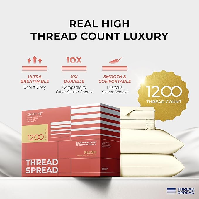 THREAD SPREAD 100% Egyptian Cotton Sheets Queen Size - 1200 Thread Count 4 PC Sheet Set Egyptian Cotton, Sateen Weave Luxury Sheets Queen Size, High Thread Count Sheets, 17" Deep Pocket - Ivory