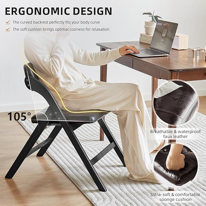 Padded Folding Chairs Set of 2, Wooden Dining Chair, Stackable Wooden Foldable Chair, Wood Folding Chairs with Cushion for Wedding, Guests Kitchen, Office, Party, Picnic Chair (Black Brown)