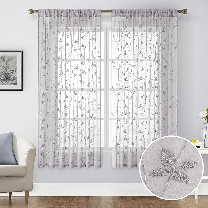HOMEIDEAS Light Grey Sheer Curtains 52 X 63 Inches Length 2 Panels Embroidered Vine Floral Pattern Pocket Faux Linen Semi Sheer Voile Window Drapes for Bedroom Living Room