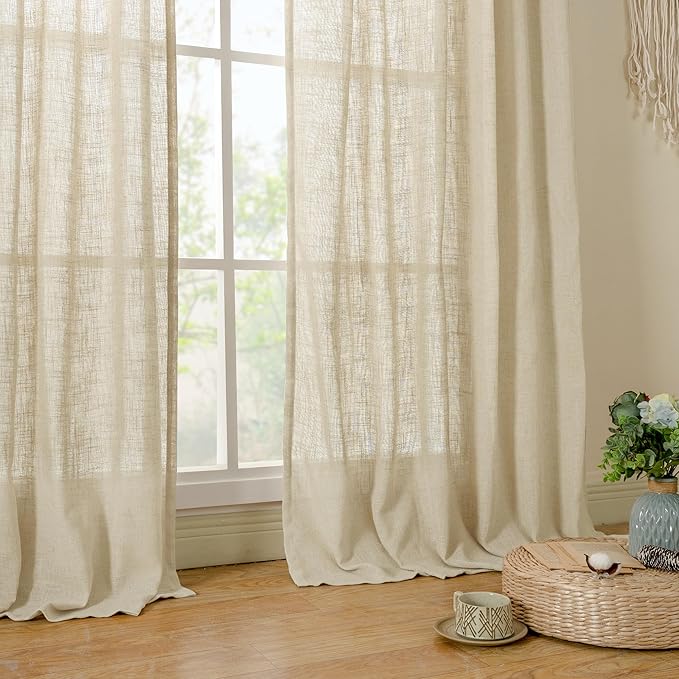 LAMIT Light Filtering Linen Curtains 84 inches Long for Bedroom, Faux Linen Textured Semi Sheer Back Tab and Rod Pocket Burlap Boho Modern Drapes for Living Room/Farmhouse, 2 Panels, 38 x 84 Inch