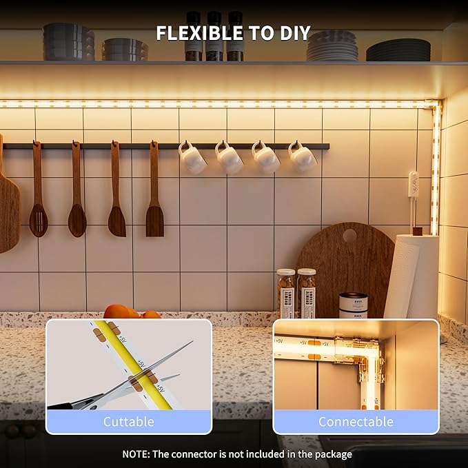 PAUTIX COB LED Strip with Motion Sensor,5V USB LED Tape Light 2700K Warm White,CRI90+ Super Bright,Dimmable Motion Activated LED Strip Light for Bedroom,Cabinets,Kitchen,Stair,Closet Lighting Projects