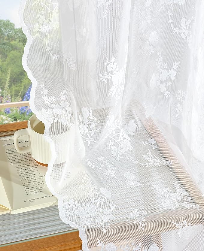 Sheer Lace Curtains 84 Inches Long, Vintage Floral Light Filtering White Lace Curtains for Living Room & Bedroom, Rod Pocket, 2 Panels Set, Tiny Flower Pattern (White, 52" W x 84" L)