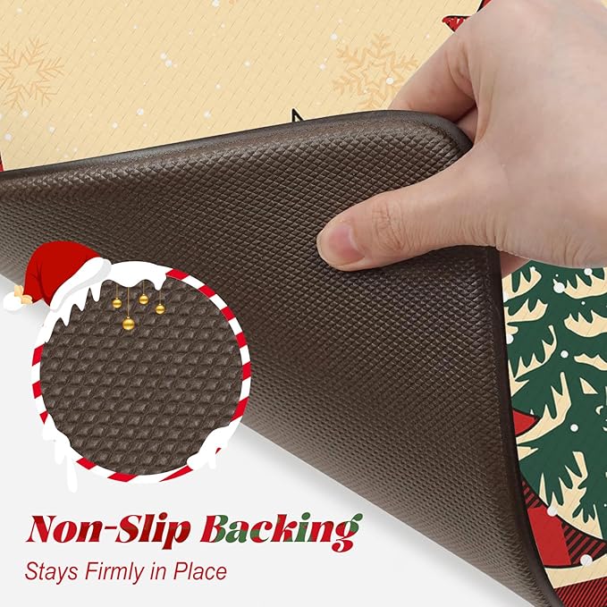 Merry Christmas Xmas Tree Kitchen Mat 2PCS, Anti-Fatigue Cushioned Waterproof Kitchen Mats for Floor Buffalo Plaid Kitchen Rug, Non Skid Comfort Standing Rugs for Laundry Office Desk Decor, Beige/Red