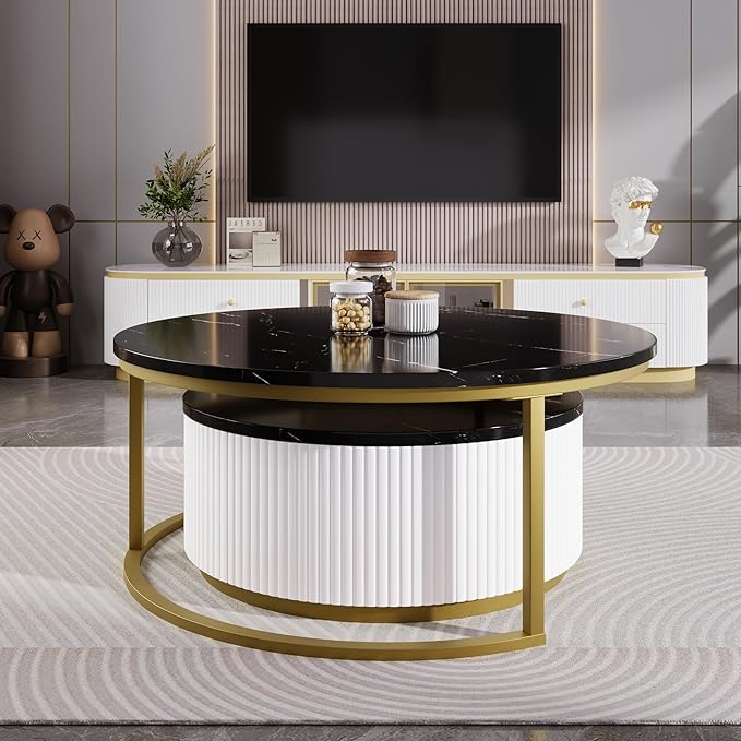 27.6" Modern Round Nesting Coffee Table Fluted with Drawer for Living Room in Black & Gold