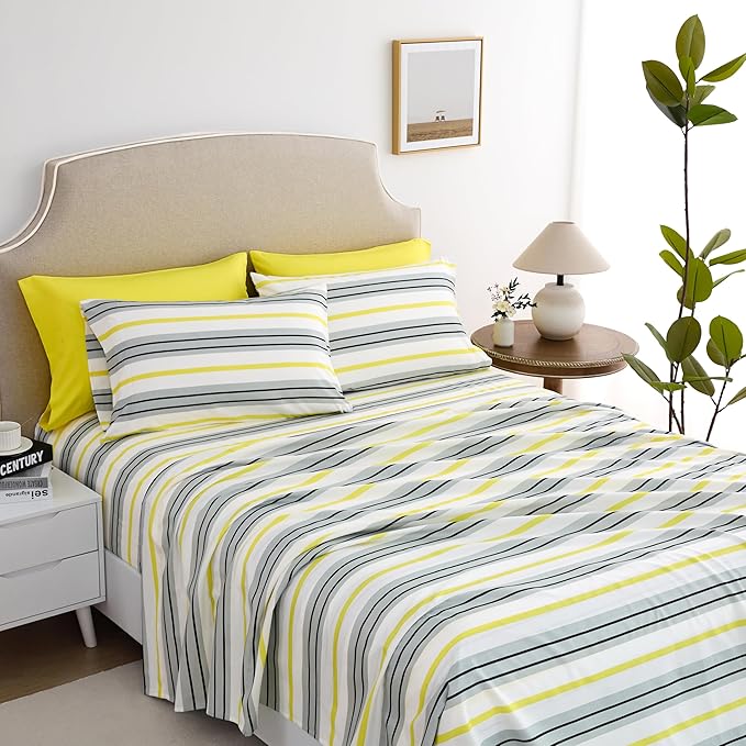 King Size Bed Sheets Set Deep Pockets - 6PC Stripes Ultra Soft Microfiber Bed Sheets - Easy to Clean, 90 Thread Count Sheets with Fitted Sheet, Flat Sheet & Pillowcases (Grey/Yellow)