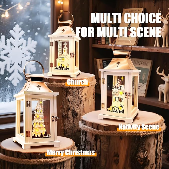 Ceramic Christmas Tree That Light up for Table Centerpieces, Modern Farmhouse Lantern Decor Indoor, Hanging Candle Lantern for Home, Holidays Tabletop Décor Gift, Xmas Tree Figurine