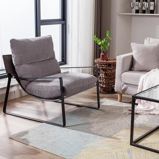 Mid-Century Accent Chair Set of 2, Comfy Linen Fabric Side Chair with Armrest, Upholstered Leisure Chair with Black Metal Frame for Living Room Bedroom Reception Room, Grey