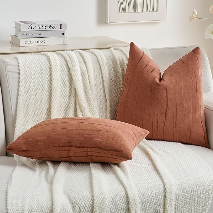 FUTEI Rust Chenille Decorative Throw Pillow Covers 20x20 Inch Set of 2,Soft Embossed Striped Textured Cushion Case,Modern Home Decor for Couch Bed Living Room