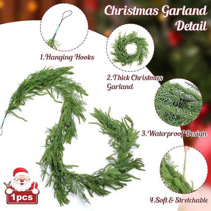 Christmas Garland with Lights for Mantle, 6 Ft Norfolk Pine Garland with 9 Christmas Bows and 2 LED Strings, Prelit Garland for Decoration Christmas, Table, Stairs, Indoor, Outdoor Decor