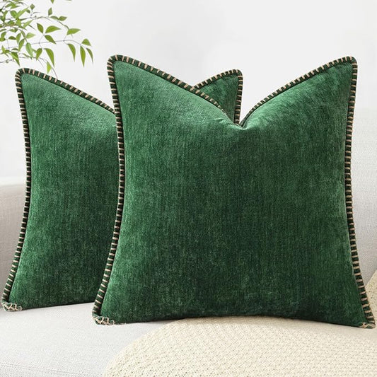 decorUhome Christmas Chenille Soft Throw Pillow Covers 22x22 Set of 2, Farmhouse Velvet Neutral Decorative Euro Pillow Covers with Stitched Edge for Couch Sofa Bed Home Decor, Green
