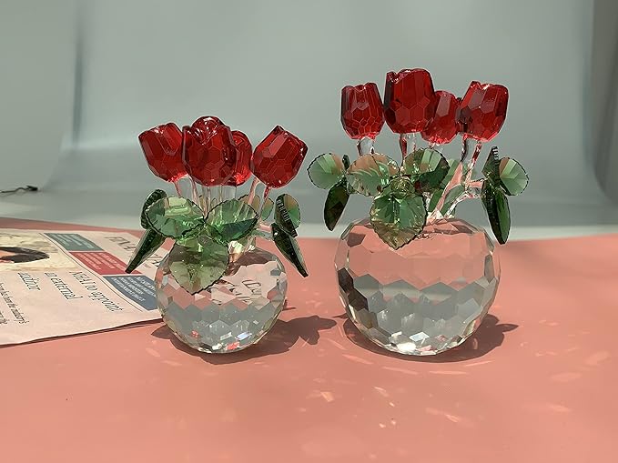 HomeRoots Crystal Red Rose Bouquet Figurine - Glass Flowers for Home Decor & Special Occasions - Unique Collectible Roses Ornament | Romantic Gifts for Her on Valentine's, Christmas, Anniversary