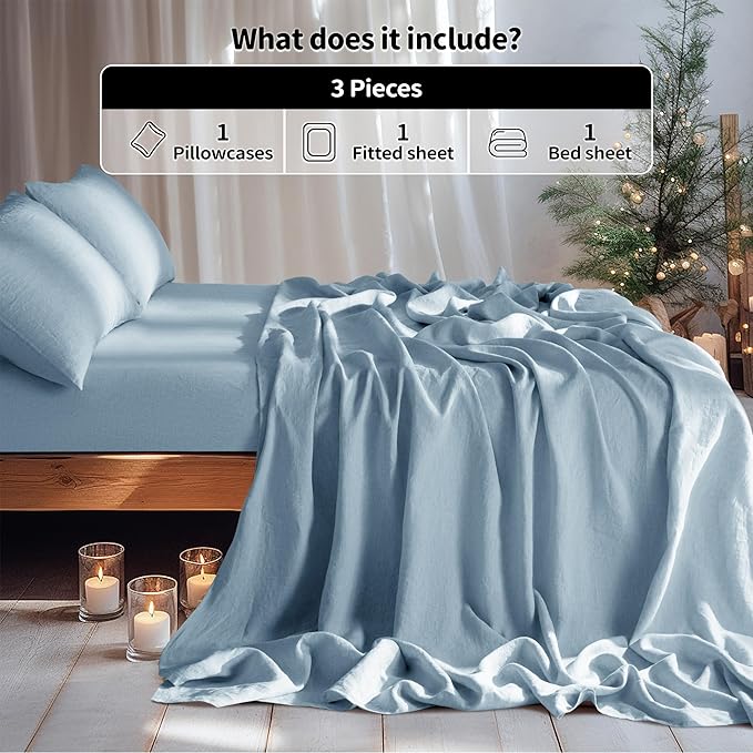 LBRO2M 100% Linen Sheet Set Twin Size,Bed Sheets 3 Piece Sets,Solid Color Natural Flax Bed Sheets Soft Breathable Bedding,16" Deep Pocket,All Season (Twin, Dusty Blue)