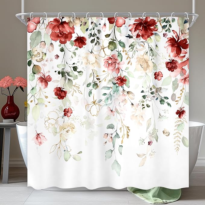 Red Floral Shower Curtain 72Wx72L Inch Burgundy Flower Rustic Watercolor Plant Green Eucalyptus Leaf Wildflower Botanical Bathroom Set Spring Pretty Bath Curtain Bathtub Accessories Home Decor