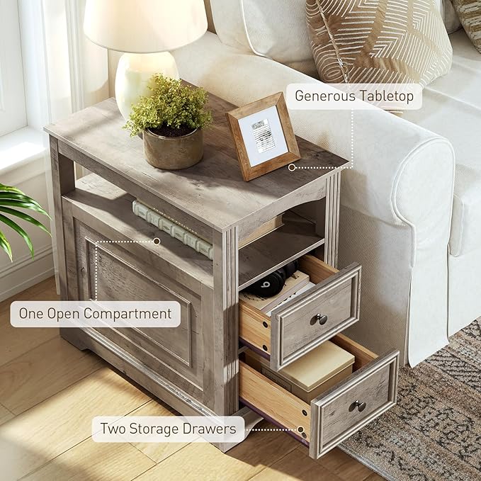 Farmhouse End Table Set of 2, Narrow Sofa Side Table with 2 Drawers and Open Shelf, Wooden Nightstand with Storage for Small Spaces, Bedroom, Living Room, Greige