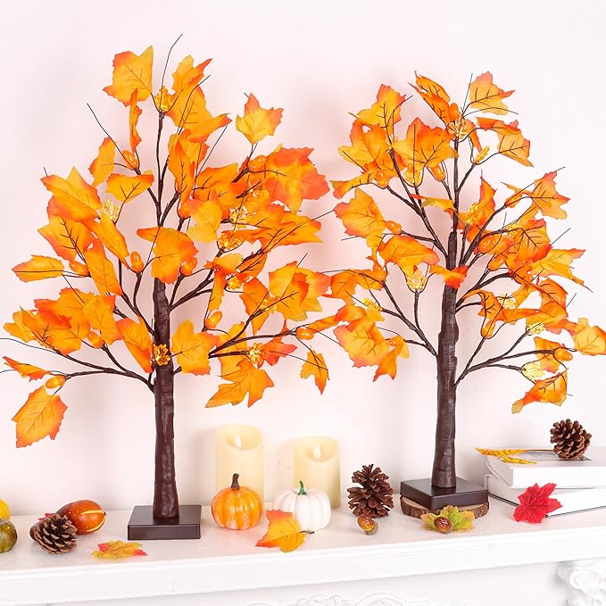 2 Pack 24 Inch Prelit Fall Maple Tree Fall Thanksgiving Decorations with 48 LEDs Battery Operated Timer Lighted Acorn Maple Artificial Tabletop Light Up Tree for Home Indoor Thanksgiving Table Decor
