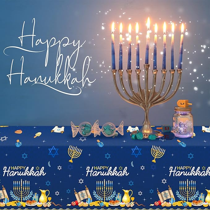 3Pcs Happy Hanukkah Tablecloth Decorations, Rectangle Plastic Jewish Chanukah Party Table Cover Backdrop Banner for Festival Holiday Supplies, 58x104inch
