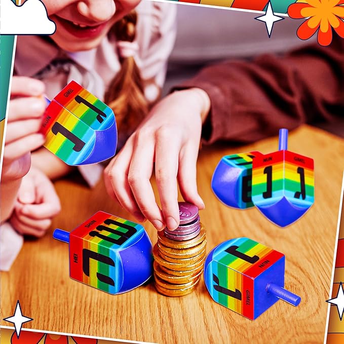 2 Pcs Hanukkah Dreidels Game Toy Extra Large Wooden Dreidel for Hanukkah Decoration with English Transliteration, Forever Spinning Tops Party Favors(Rainbow)