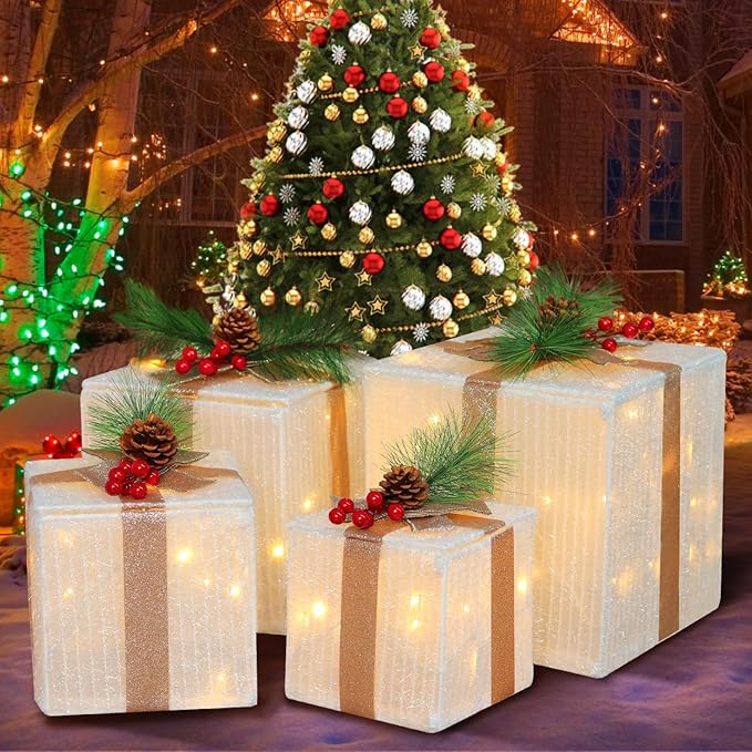 DomKom Set of 4 Christmas Lighted Gift Boxes, 70 Led Light Up White Iron Frame Present Box with Pine Cones Bows for Christmas Tree Party Yard Holiday Indoor Outdoor Decoration