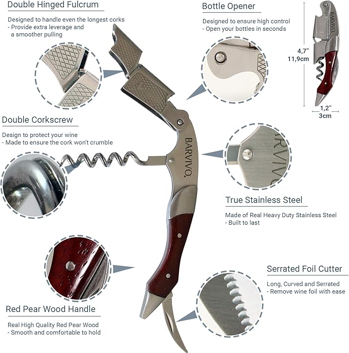 Barvivo Red Pear Wine Opener with Foil Cutter Knife and Cap Remover, Double Hinged Manual Wine Key for Bartenders, Servers, Waiters, Stainless Steel Wine Bottle Opener Corkscrew