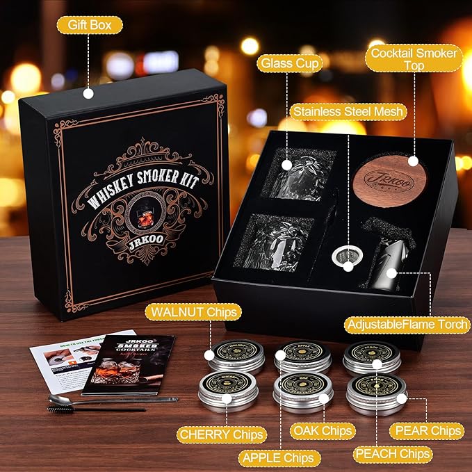 Whiskey Smoker Kit with Torch - 6 Natural Wood Chips, 2 Glasses, 2 Ice Ball Molds - Cocktail Smoker Infuser Kit, Old Fashioned Smoker Kit, Birthday Bourbon Whiskey Gifts for Men, Dad(No Butane)