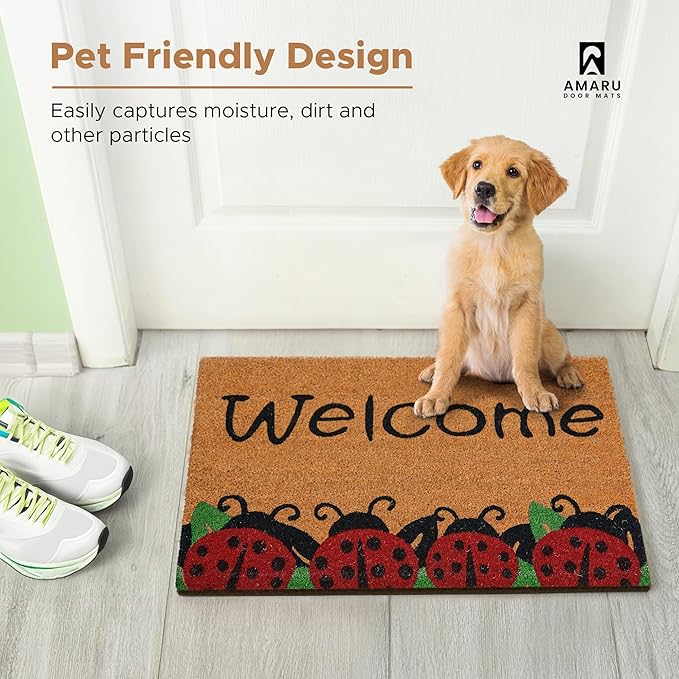 Ladybugs - 17"x29" - Coir Door Mat with Heavy Duty Backing - Welcome Mats for Entryway, Porch - Anti-Slip PVC & Coconut Fiber Surface - Natural Home Accessories, Minimalist Original Design