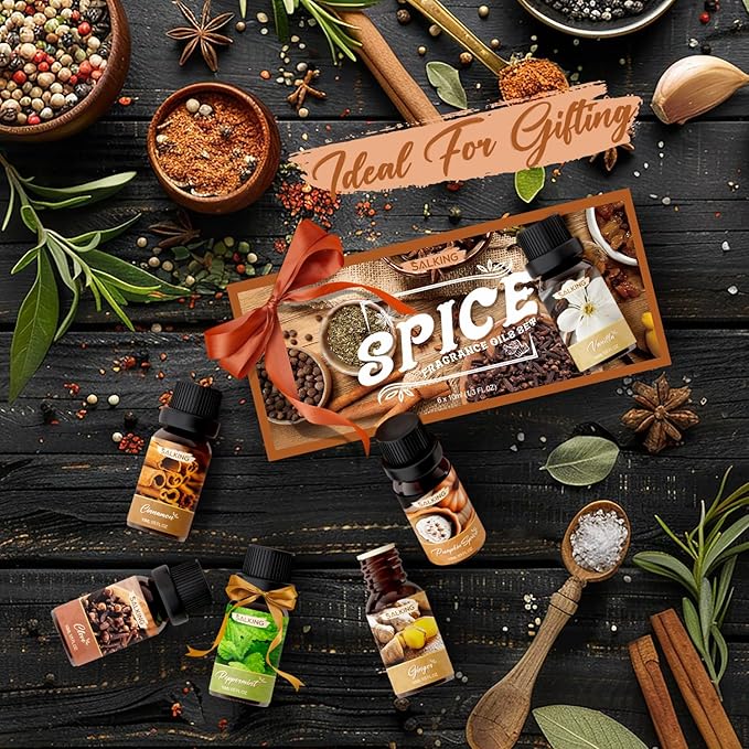 SALKING Spice Essential Oils, Premium Fragrance Oil for Diffuser, Scented Oil Gift Set for Soap Candle Making - Cinnamon, Clove, Vanilla, Pumpkin Spice, Peppermint, Ginger