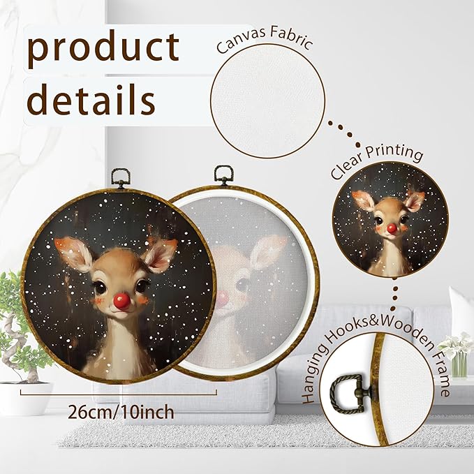 XPH Christmas Red Nose Reindeer Round Wall Art Framed, Christmas Whimsical Deer Circle Wall Decor, Xmas Rustic Winter Deer Hanging Canvas Prints for Home Bedroom Living Room Decoration, 10x10 Inch