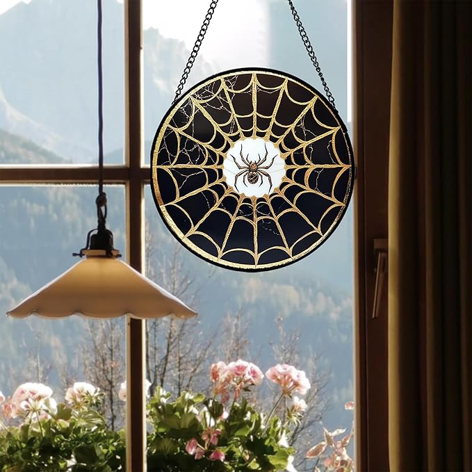 Stained Glass Window Hanging - Black Gold Spider Suncatcher for Door Terrace Garden Home Decor Halloween Sun Catcher Christmas Birthday Gifts for Lovers Women Men Dad Mom Nana 9.8 in