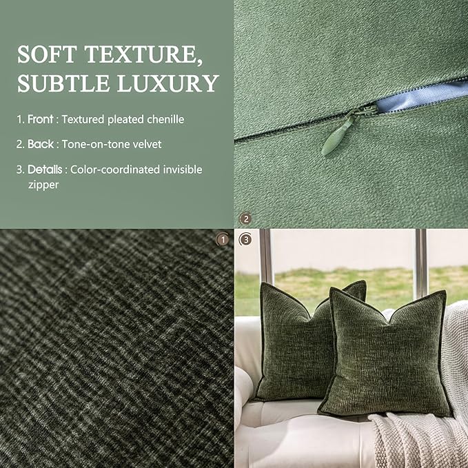 DWR Decorative Throw Pillow Covers Set of 2, 18x18 Crinkled Chenille Textured Cushion Covers for Couch, Sofa or Bed, Modern Rustic Home Accent in Dark Sage