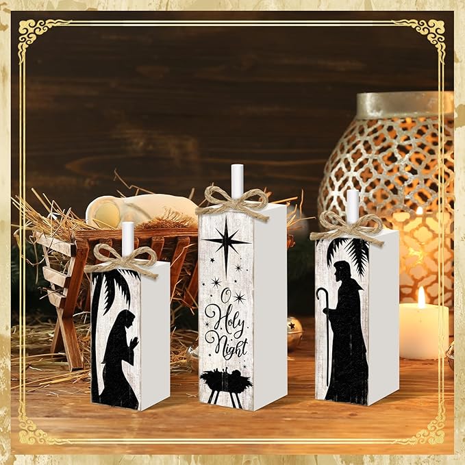 Britimes Christmas Decorations for Home, 3pcs Wooden Table Decor, Nativity Scene Holy Night Farmhouse Tabletop Block Sign for Christmas Indoor Kitchen