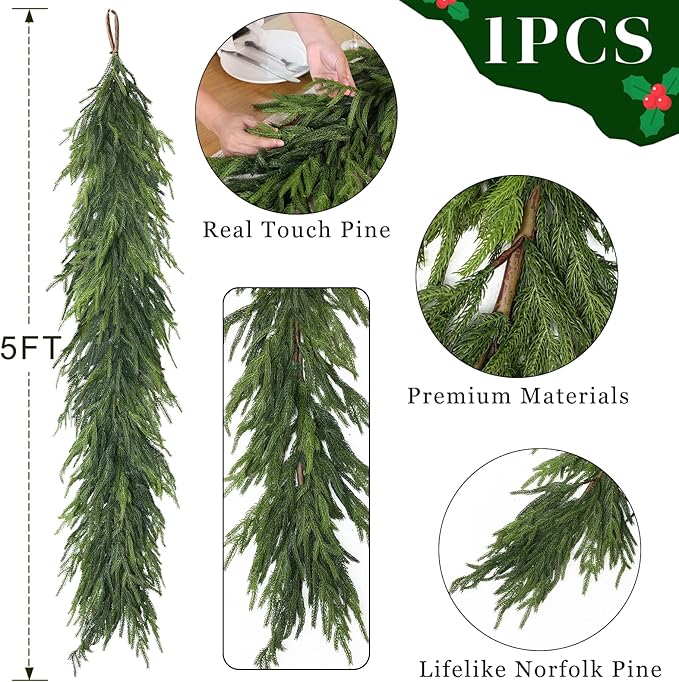5FT Real Touch Norfolk Pine Garland - Artificial Christmas Garland Fake Green Faux Pine Needles Garland for Table Fireplace Mantle Holiday Home Indoor Outdoor Decor (1PCS)