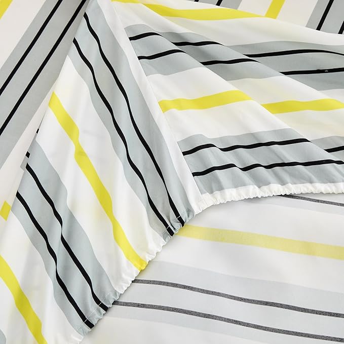 King Size Bed Sheets Set Deep Pockets - 6PC Stripes Ultra Soft Microfiber Bed Sheets - Easy to Clean, 90 Thread Count Sheets with Fitted Sheet, Flat Sheet & Pillowcases (Grey/Yellow)
