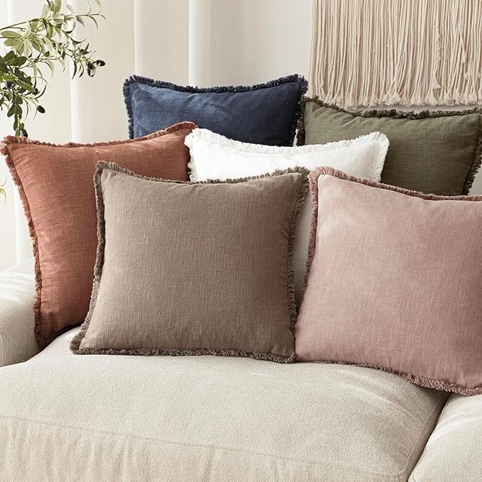 Foindtower Set of 2 Decorative Linen Fringe Throw Pillow Covers Boho Farmhouse Cushion Cover with Tassels Soft Accent Pillowcase for Couch Sofa Bed Living Room Home Decor,16×16 Inch,Dusty Pink