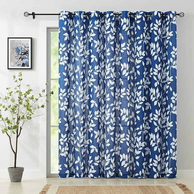 Royal Blue Semi Sheer Curtains for Sliding Glass Door 100"x 84" Extra Wide Glass Door Curtain Panels Linen Textrued White leaf Pattern Curtain Dripes for Living Room Window Draperies Grommet 1pcs