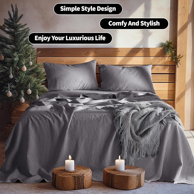 LBRO2M 100% Linen Sheet Set Queen Size, Bed Sheets 4 Piece Sets, Solid Color Natural Flax Bed Sheets Soft Breathable Bedding,16" Deep Pocket,All Season (Queen, Dark Grey)