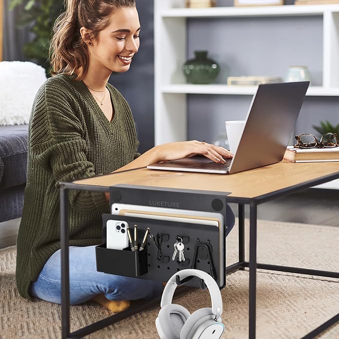 LUKETURE Desk Side Storage, No Drill Laptop Side Desk Mount, Steel Hanging Organizer, with Pegboard Accessories, Clamp on Laptop Holder for Office and Home, Fits Flat Edge Tables 0.3" to 2.8"