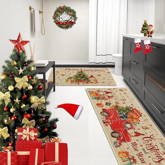 Christmas Trucks Gingerbread Gnome Kitchen Rugs and Mats Non Skid Washable Set of 2, Xmas Kitchen Mats for Floor Decor
